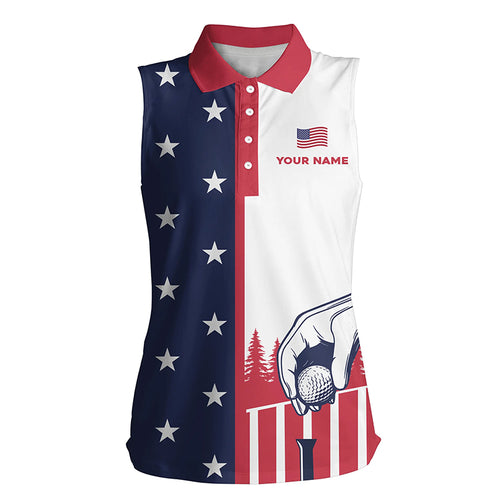 Womens American Flag Sleeveless Polo Shirts Custom Name Patriotic Shirt Funny Golf Shirts For Women LDT0002