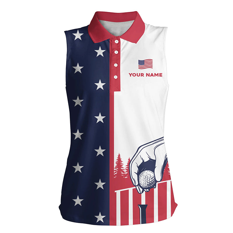 Womens American Flag Sleeveless Polo Shirts Custom Name Patriotic Shirt Funny Golf Shirts For Women LDT0002