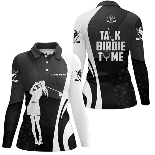 Talk Birdie To Me Black White Golf Polo Shirts Custom Geometric Cool Golf Shirts For Women LDT0770