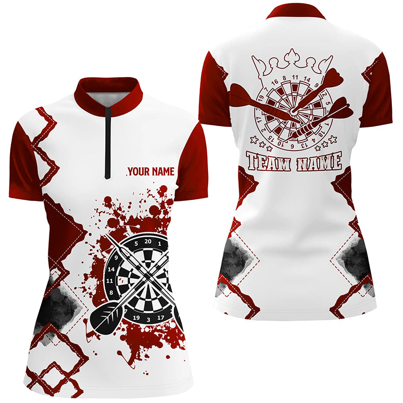 Red White Personalized Darts Quarter Zip Shirt Custom Team Darts Jersey Shirt For Women LDT0978