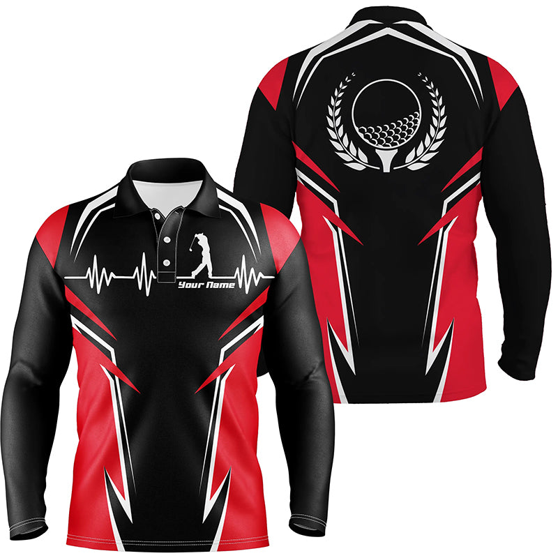 Black Red Mens Golf Polo Shirts, Personalized Heartbeat Golf Shirts For Men, Golf Gifts LDT0207