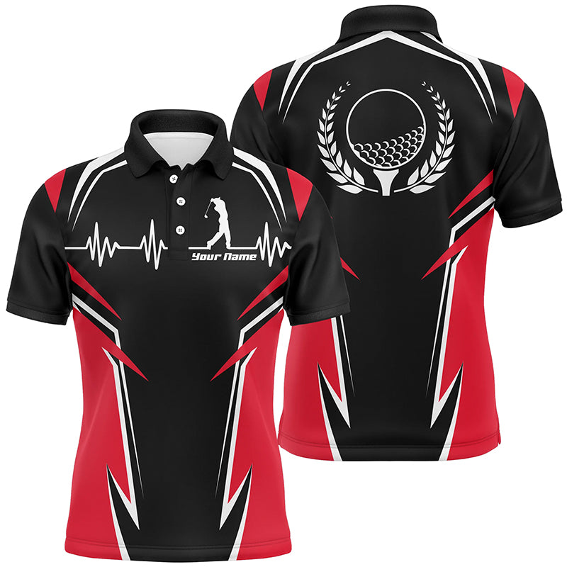 Black Red Mens Golf Polo Shirts, Personalized Heartbeat Golf Shirts For Men, Golf Gifts LDT0207