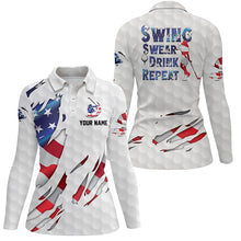 Load image into Gallery viewer, Swing Swear Drink Repeat American Flag Golf Polo Shirt Custom Patriotic Golf Shirts For Women LDT0789