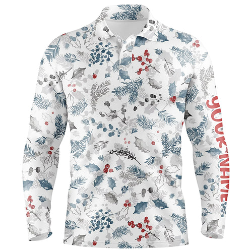 Blue Winter Holly Seamless Custom Mens Golf Polo Shirts Christmas Golf Shirts For Men Golf Gifts LDT0806