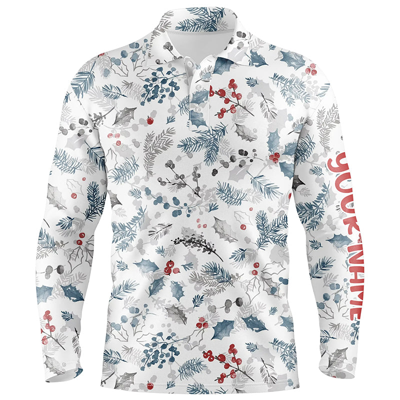 Blue Winter Holly Seamless Custom Mens Golf Polo Shirts Christmas Golf Shirts For Men Golf Gifts LDT0806