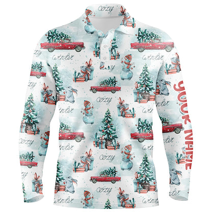 Watercolor Snowmen Christmas Trees Mens Golf Polo Shirt Custom Cozy Christmas Golf Shirts For Men LDT0807