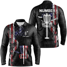 Load image into Gallery viewer, Smoky American Flag Mens Disc Golf Tops Custom Patriotic Disc Golf Shirts For Men Disc Golf Basket LDT1036