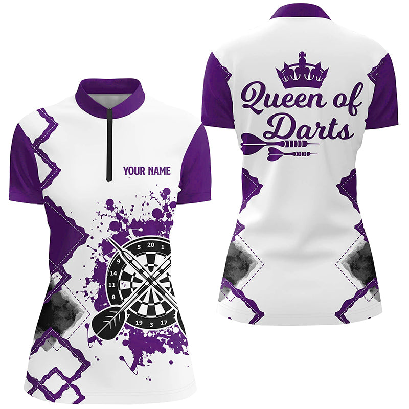 Queen Of Darts Purple White Darts Quarter Zip Shirt Customized Darts Jersey For Women LDT1222