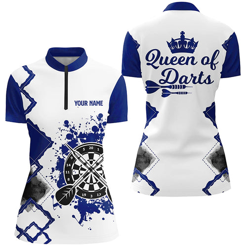 Queen Of Darts Blue White Womens Darts Quarter Zip Shirt Customized Darts Jersey For Women LDT1223