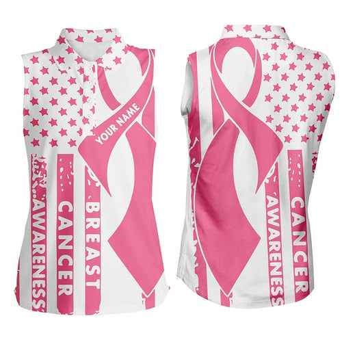 Breast Cancer Awareness White Pink American Flag Womens Sleeveless Polo Shirt Patriotic Golf Top LDT0506