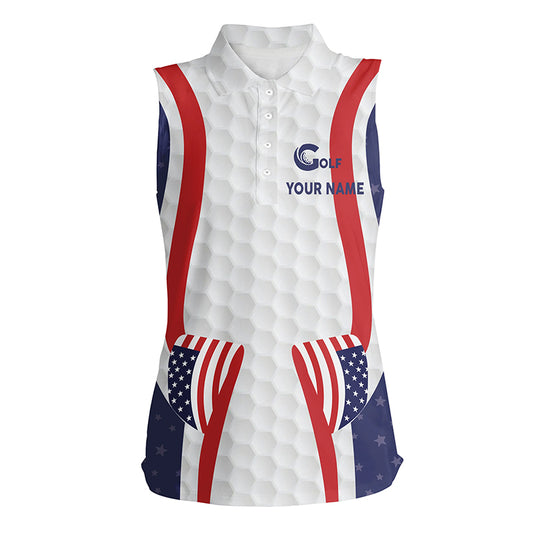 Womens American Flag Golf Pattern Sleeveless Polo Shirt, Personalized Patriotic Golf Shirts For Women LDT0228