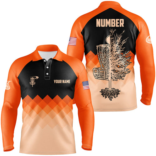 Orange Geometric Pattern Mens Disc Golf Polo Shirt Customized Disc Golf Shirts For Men LDT0514