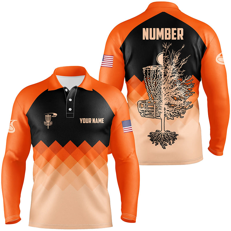 Orange Geometric Pattern Mens Disc Golf Polo Shirt Customized Disc Golf Shirts For Men LDT0514