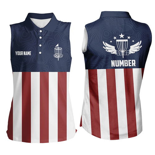 American Flag Golf Course Disc Golf Womens Sleeveless Polo Shirt Patriotic Disc Golf Shirts For Women LDT0521