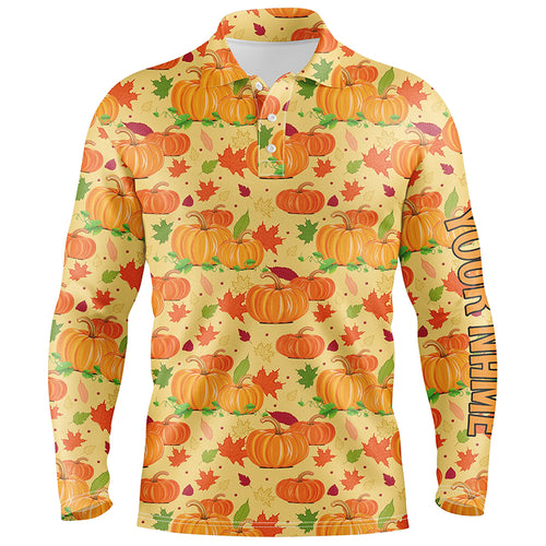 Happy Thanksgiving Day Mens Golf Polo Shirt Orange Pumpkins Falling Leaves Golf Shirts For Men LDT0845