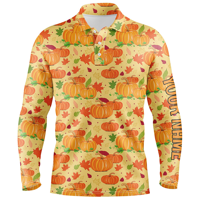 Happy Thanksgiving Day Mens Golf Polo Shirt Orange Pumpkins Falling Leaves Golf Shirts For Men LDT0845