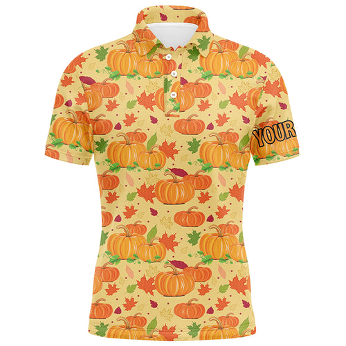 Happy Thanksgiving Day Mens Golf Polo Shirt Orange Pumpkins Falling Leaves Golf Shirts For Men LDT0845