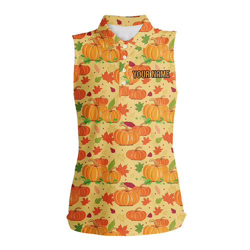 Happy Thanksgiving Day Womens Sleeveless Polo Shirt Orange Pumpkin Falling Leaves Golf Tops For Women LDT0845