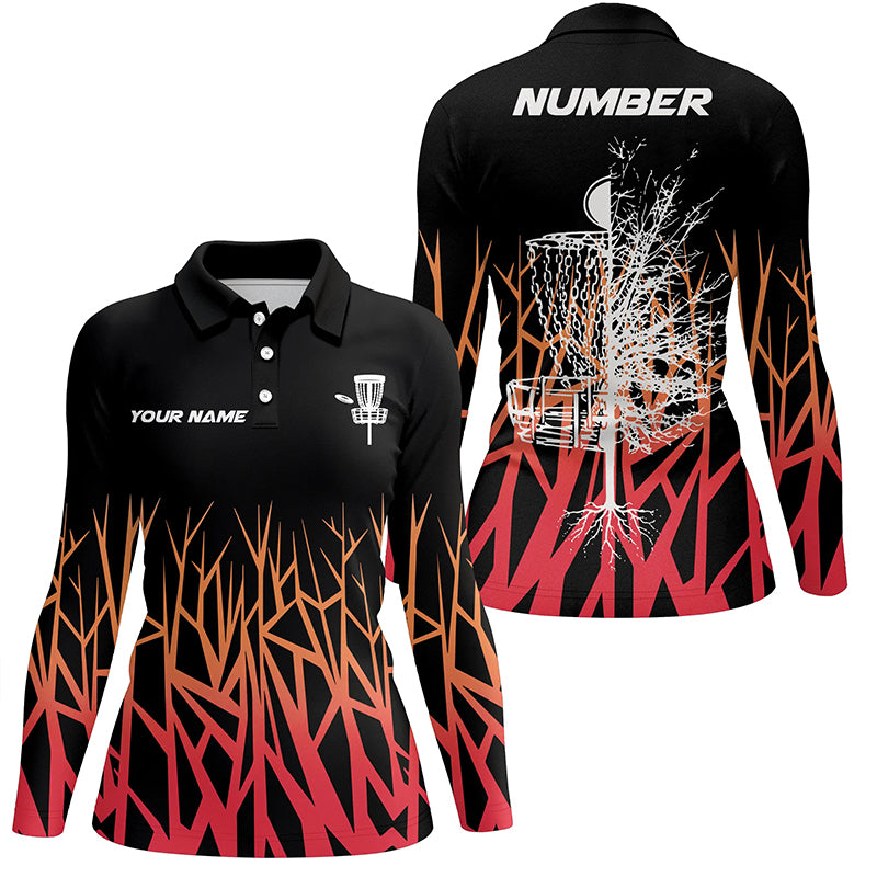 Personalized Disc Golf Basket Tree Red Gradient Womens Polo Shirt Disc Golf Shirts For Women LDT1058