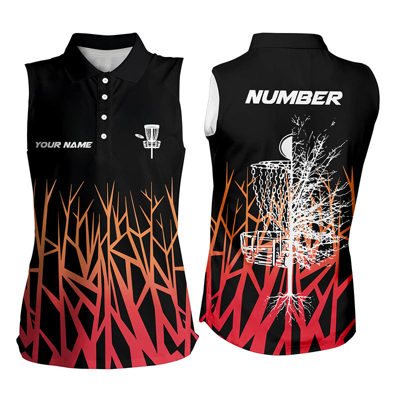 Personalized Disc Golf Womens Sleeveless Polo Shirt Basket Tree Red Gradient Disc Golf Tops For Women LDT1058