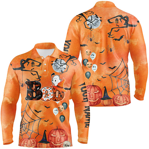 Boo Halloween Seamless Orange Mens Golf Polo Shirt Custom Funny Golf Shirts For Men Golf Gifts LDT0550
