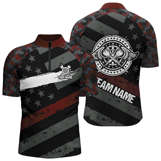 Custom Red Camo Retro American Flag Patriotic Darts Quarter Zip Shirt Men Darts Jersey LDT0870
