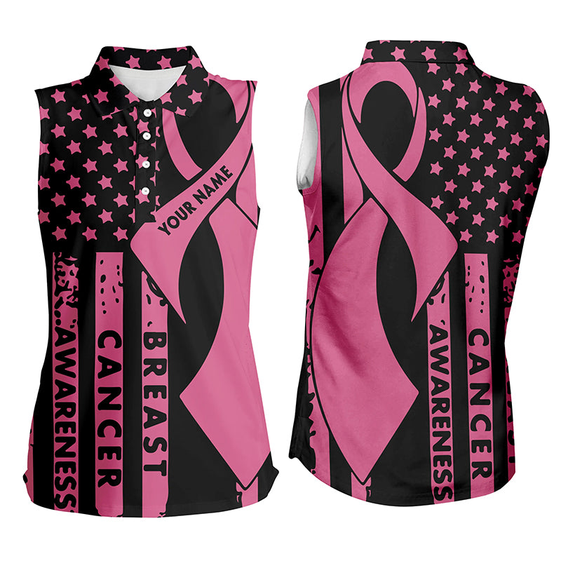 Breast Cancer Awareness American Flag Pink Ribbon Womens Sleeveless Golf Polos Patriotic Golf Top LDT0262