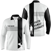 Load image into Gallery viewer, Faith Family Fairways Black White Mens Golf Polo Shirt Custom Name Cool Golf Gifts For Men LDT0891