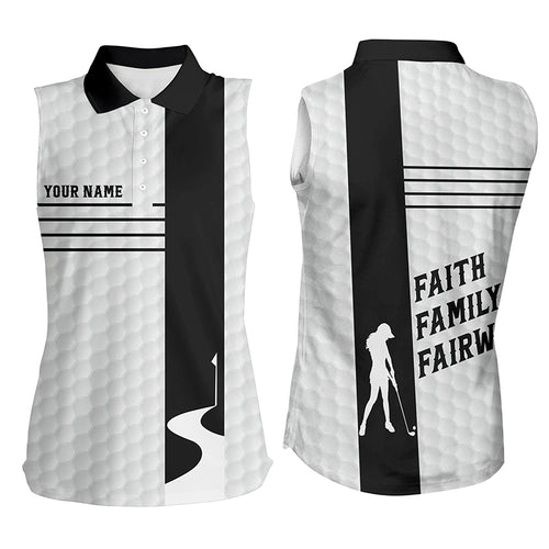 Faith Family Fairways Black White Womens Sleeveless Polo Shirt Custom Name Cool Golf Gifts For Women LDT0891