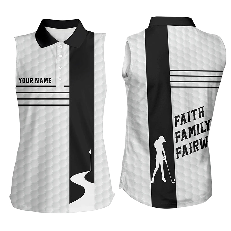 Faith Family Fairways Black White Womens Sleeveless Polo Shirt Custom Name Cool Golf Gifts For Women LDT0891