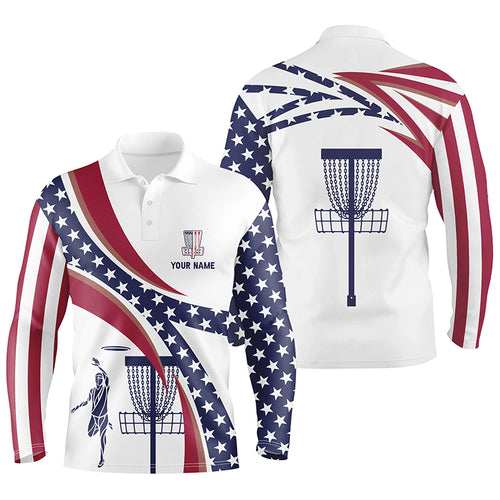 American Flag Mens Disc Golf Polo Shirts Custom Name Patriotic Golf Shirts For Men, Golf Gifts LDT0279