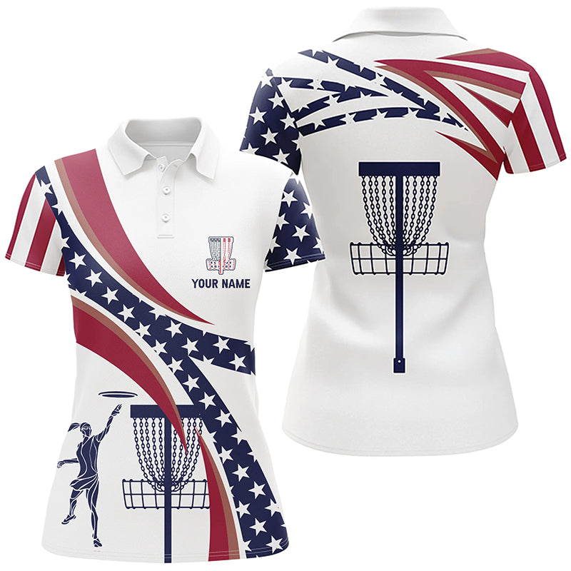 American Flag Disc Golf Polo Shirts Custom Name Patriotic Golf Shirts For Women, Golf Gifts LDT0279