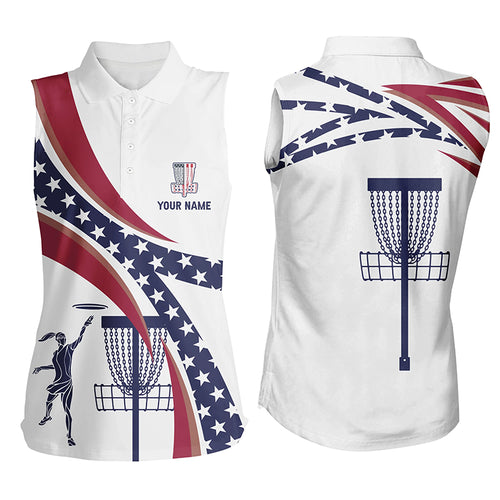 American Flag Disc Golf Sleeveless Polo Shirts Custom Name Patriotic Golf Shirts For Women Golf Gifts LDT0279