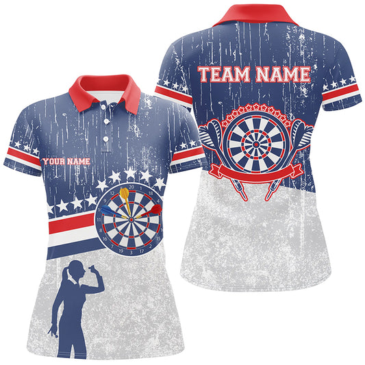 Retro American Flag Darts Polo Shirt Blue Custom Patriotic Darts Jerseys For Women LDT0310