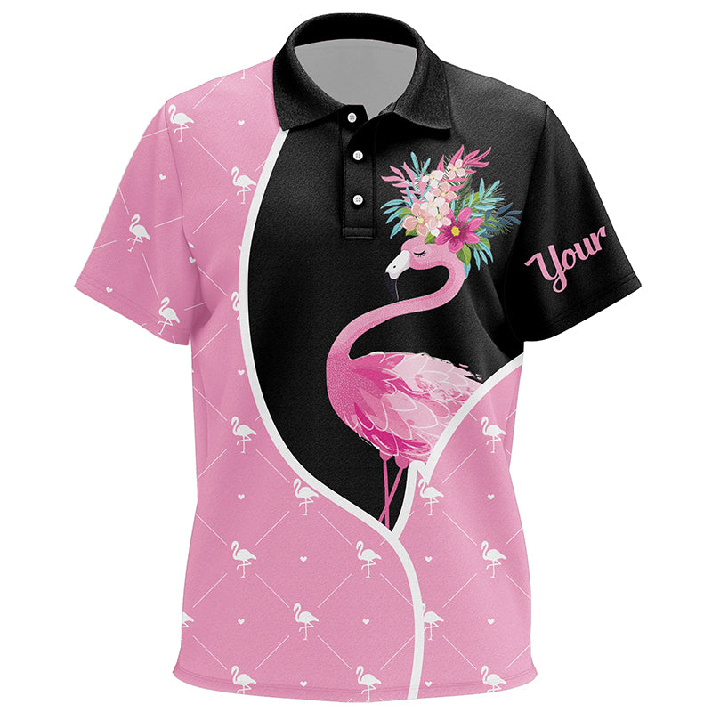 Kids Flower Flamingo Seamless Black & Pink Golf Polo Shirts Custom Cute Golf Tops For Girls LDT0330