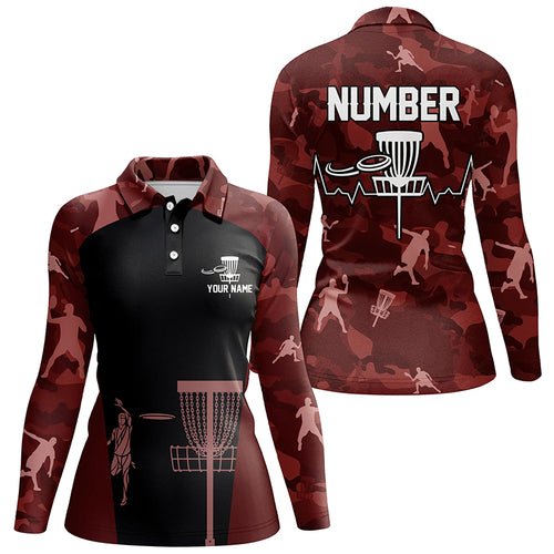 Red Camo Womens Disc Golf Polo Shirts, Custom Camouflage Golf Shirts For Women, Disc Golf Gifts LDT0087