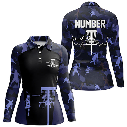 Blue Camo Womens Disc Golf Polo Shirts, Custom Camouflage Golf Shirts For Women, Disc Golf Gifts LDT0088