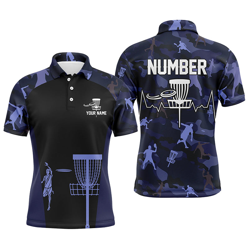 Blue Camo Mens Disc Golf Polo Shirts, Custom Camouflage Golf Shirts For Men, Disc Golf Gifts LDT0088