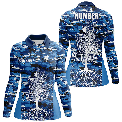 Blue Camo Womens Disc Golf Polo Shirts, Custom Camouflage Golf Shirts For Women, Disc Golf Gifts LDT0093
