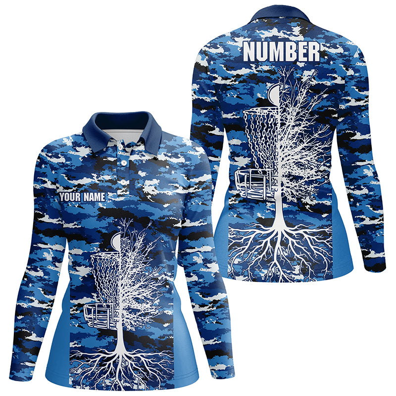 Blue Camo Womens Disc Golf Polo Shirts, Custom Camouflage Golf Shirts For Women, Disc Golf Gifts LDT0093