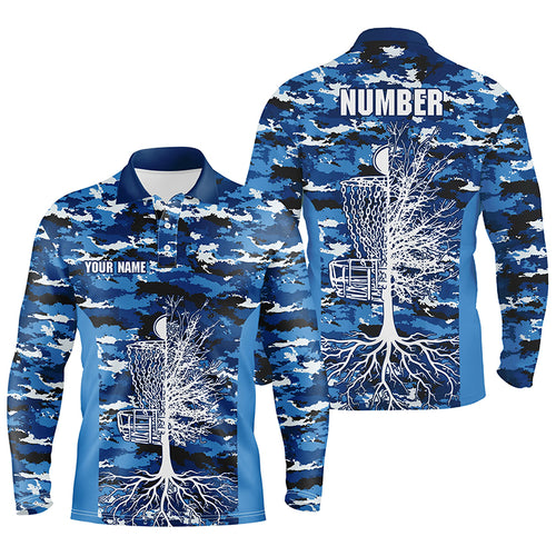 Blue Camo Mens Disc Golf Polo Shirts, Custom Camouflage Golf Shirts For Men, Disc Golf Gifts LDT0093