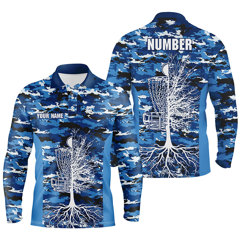 Blue Camo Mens Disc Golf Polo Shirts, Custom Camouflage Golf Shirts For Men, Disc Golf Gifts LDT0093