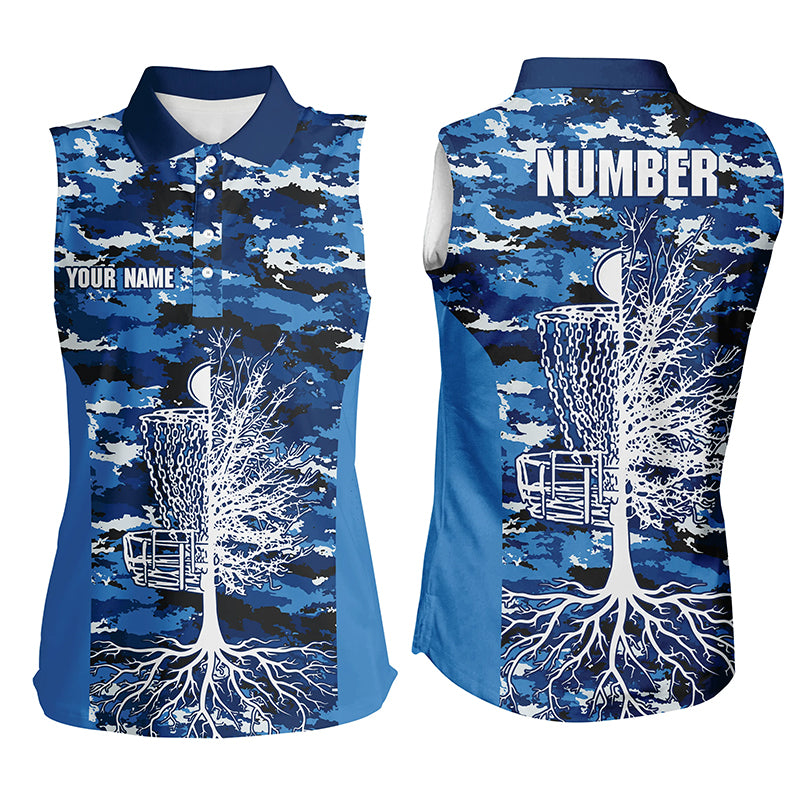 Blue Camo Womens Sleeveless Disc Golf Shirts Custom Camouflage Golf Shirts For Women, Disc Golf Gifts LDT0093
