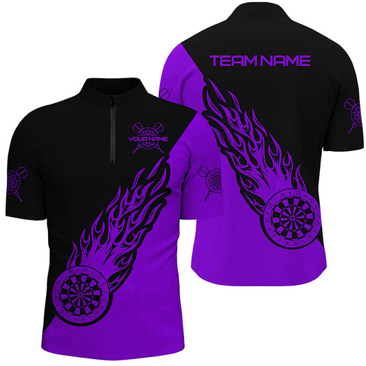 Personalized Purple Black Flame Darts Quarter Zip Shirt Darts Shirt For Men Dart Jerseys LDT1342