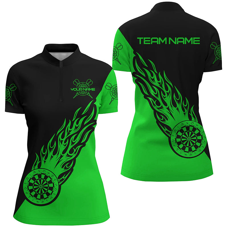 Personalized Green Black Flame Darts Quarter Zip Shirt Darts Shirt For Women Dart Jerseys LDT1343