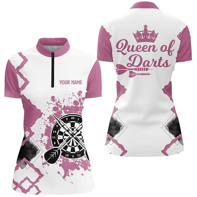 Queen Of Darts Pink White Darts Quarter Zip Shirt Custom Cute Darts Jersey For Women LDT0366