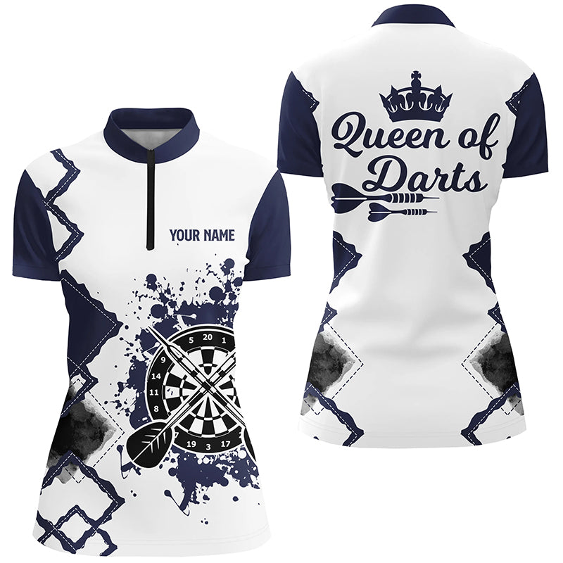 Queen Of Darts Navy White Darts Quarter Zip Shirt Custom Cool Darts Jersey For Women LDT0367