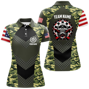 Green Camo American Flag Skull Darts Polo Shirt Custom Patriotic Darts Jersey For Women LDT0679