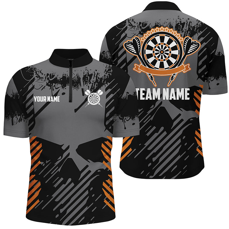 Grey Grunge Orange Skull Darts Quarter-Zip Shirts Custom Dart Shirts For Men Dart Jersey LDT0380