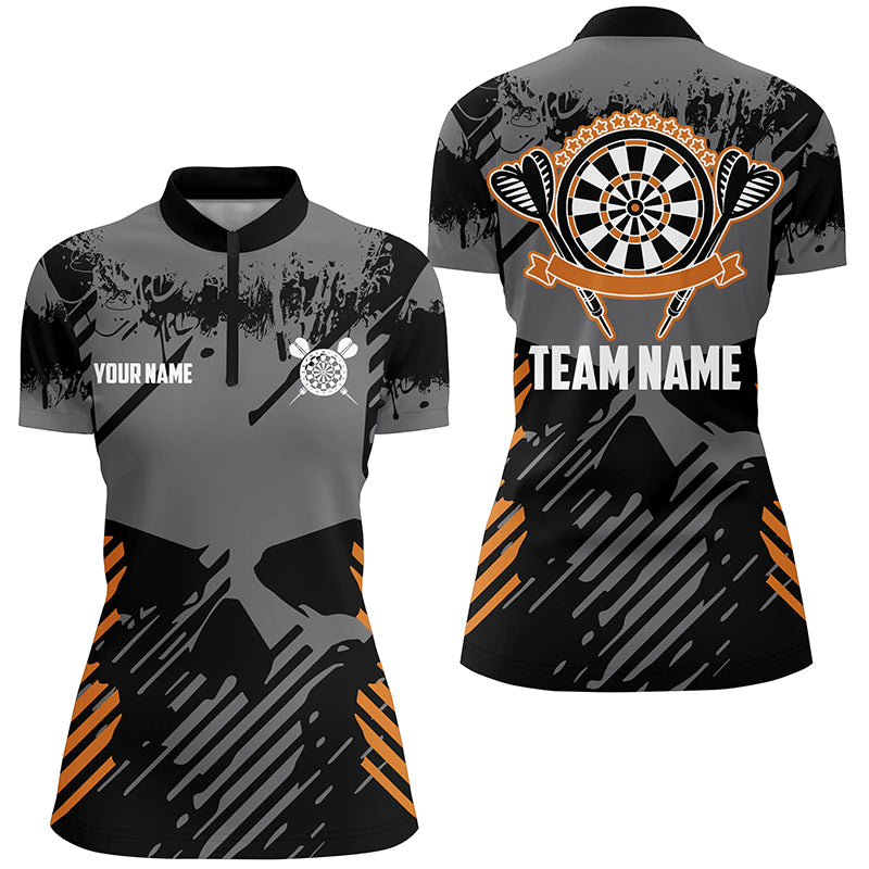 Grey Grunge Orange Skull Darts Quarter-Zip Shirt Custom Dart Shirts For Women Dart Jersey LDT0380
